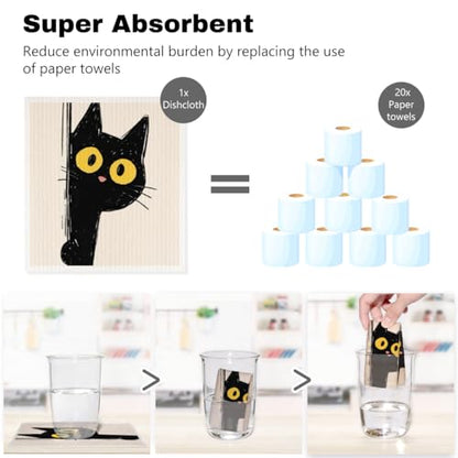 5 Pcs Cartoon Cute Peeking Kitten Swedish Dishcloths, Kitty Swedish Dishcloth, Funny Cat Dish Cloths for Drying Dishes, Reusable Cleaning Cloths, Cat Lover Gifts for Women 3 - color: Lm 03434
