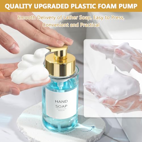 RYTOXILO Foaming Soap Dispenser, 10 oz/300ml Gold Soap Dispenser, 2 Pack Glass Foaming Hand Dispenser for Bathroom & Kitchen, Clear Refillable Foam Bottle with Waterproof Labels - color: Clear Bottle, size: 10 Fl oz with Gold Pump