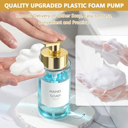 RYTOXILO Foaming Soap Dispenser, 10 oz/300ml Gold Soap Dispenser, 2 Pack Glass Foaming Hand Dispenser for Bathroom & Kitchen, Clear Refillable Foam Bottle with Waterproof Labels - color: Clear Bottle, size: 10 Fl oz with Gold Pump