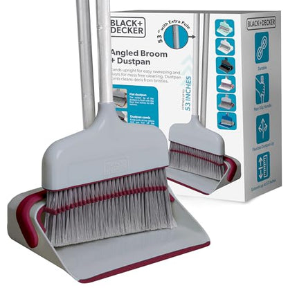 BLACK+DECKER Butler Broom & Dustpan Set - Stand-Up Design - Lightweight, Space-Saving Combo for Kitchen, Living Room, Bathroom, Lobby Floors - Home Cleaning Essential, Light Gray/Burgundy - size: LT Gry/Burgendy Butler Broom & Dustpan