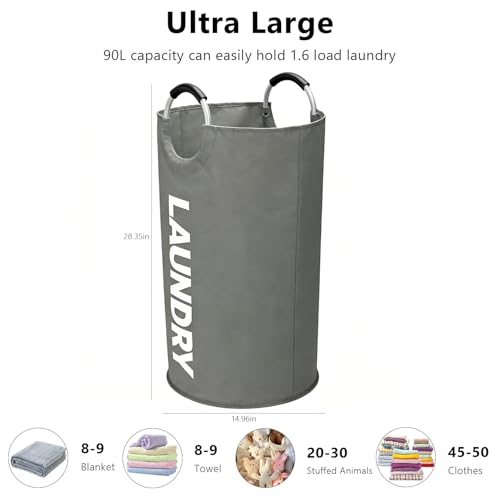 A large 90 liter laundry basket that can be folded for easy carrying. Suitable for bathrooms, laundry rooms, and travel (grey) - color: grey
