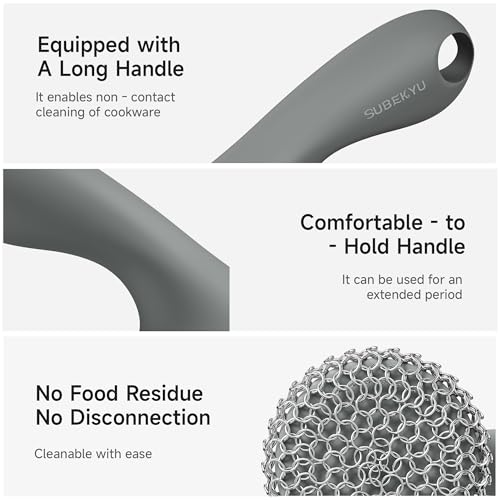 SUBEKYU Cast Iron Scrubber with Silicone Handle, Stainless Steel Skillet Cleaner for Cast Iron Pans (Gray Scrubber + Scraper) - color: Gray Scrubber + Scraper