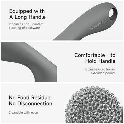 SUBEKYU Cast Iron Scrubber with Silicone Handle, Stainless Steel Skillet Cleaner for Cast Iron Pans (Gray Scrubber + Scraper) - color: Gray Scrubber + Scraper