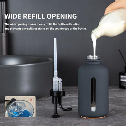 Enra Glass Soap Dispenser with Window, 17oz Dark Gray Stainless Steel Hand Pump for Bathroom Kitchen - Countertop Lotion Bottle (Dark Gray-Round-Liquid) - color: Dark Gray-round-liquid