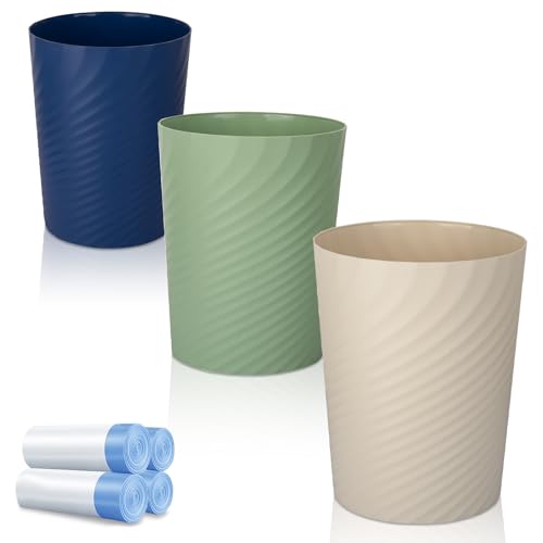 UUJOLY Bathroom Small Trash Can with Trash Bag Plastic Garbage Can Round Waste Basket for Bathrooms, Laundry Room, Kitchens, Offices, Kids Rooms, Dorms, 1.8 Gallons, 3 Pack (Blue Green Beige) - color: Navy Blue+Green+Beige