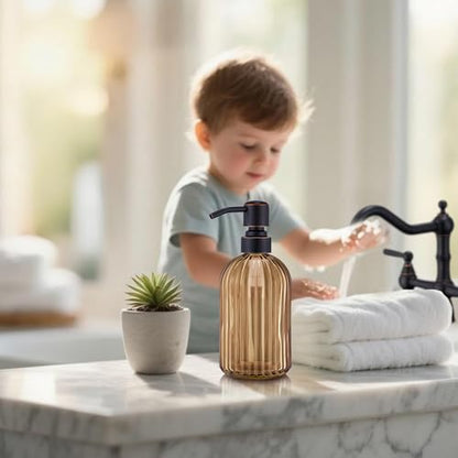 16 OZ Amber Glass Soap Dispenser, Amber Stripe Bathroom Hand Soap Dispensers with Stainless Steel Bronze Pump,Brown Glass Kitchen Hand Soap Dispenser with Oil Rubbed Bronze Pump - color: Oil Rubbed Bronze+amber, size: 1-Pack
