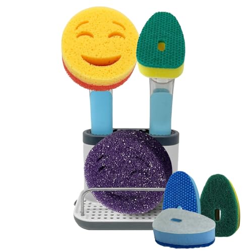 The Original Smiling Handle with Soap Dispensing for Scrub Daddy (Reg. TM) Sponges and Scrub Moji Sponge with Smilyeez Caddy, Dishwand, and 2 Scrub Mojis (Light Blue) - style: Light Blue & Sponge Dishwand