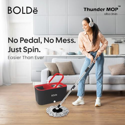 Thunder MOP Spin System - Ultra Clean - Single Bucket Microfiber Head, Stainless Steel Wringer, Antifungal Quick-Dry Cleaning, Soap Dispenser, 3 Free Refills (Black/Red) - color: Black / Red