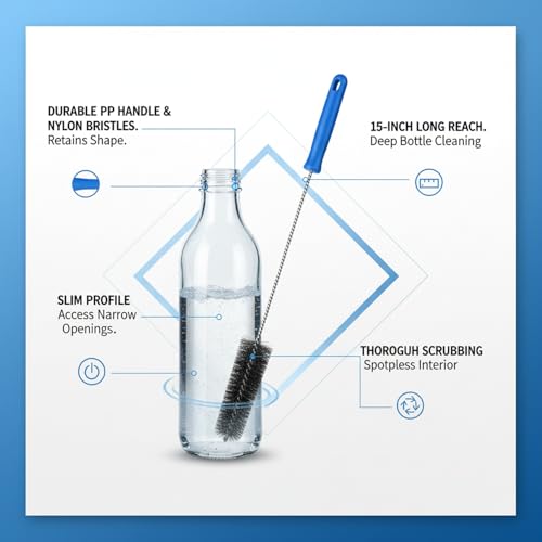Long Handle Bottle Cleaning Brush for Narrow Neck Containers, Durable Nylon Bristles, Blue - size: 14.96 x 5.91 x 1.57 in