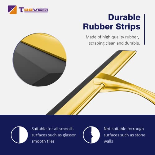 TOOVEM 14 Inch Shower Squeegee for Glass Doors, Window, Bathroom, Car Windshield, Shower Cleaning Tools with S Hook, Square Sticky Hook (Gold) - style: Gold 14 inch