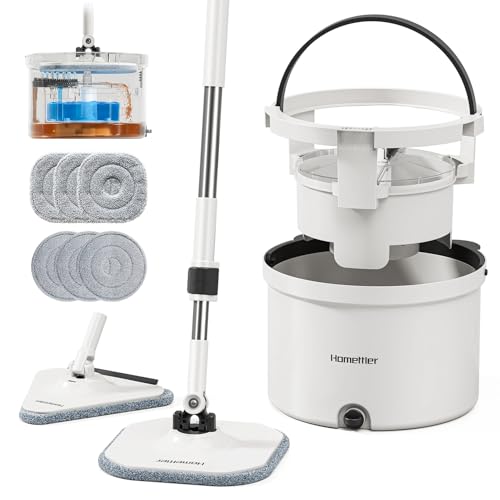 HoMettler Mop and Bucket Set, Spin Mop and Detachable Inner Mop Bucket with Separate Dirty/Clean Water System, Self-Wringing Square Mops for Floor/Wall Cleaning with 6 Microfiber Pads - size: Mop and Bucket System with 6 Pads