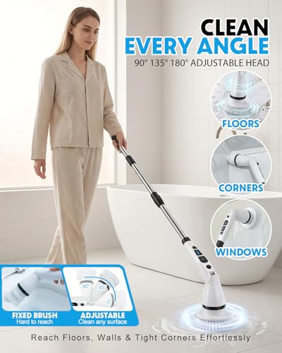 Electric Spin Scrubber, Shower Scrubber with Long Handle, 7 Brush Heads, 2-Speed Cordless Bathroom Cleaning Brush, 54in Extendable Electric Cleaning Brush for Tub, Floor, Kitchen & Barbecue Grill
