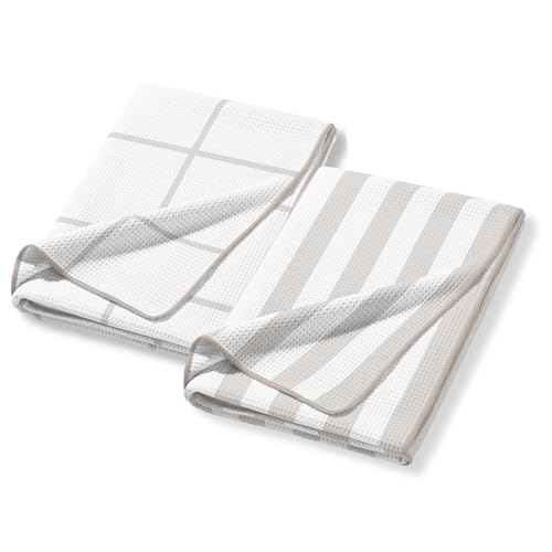 HALL & PERRY Kitchen Tea Towel, Ultra Soft, Quick Dry Microfiber Dish Cloths - 18"x30" Premium Quality Waffle Towel - Stripes and Plaid, Taupe (2, Wesley) - color: Wesley