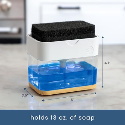S&T INC. Dish Soap Dispenser and Sponge Holder for Kitchen Sink, Waterproof Labels and Sponge Included, 13 Ounces, Plastic, White and Bamboo - color: White and Bamboo