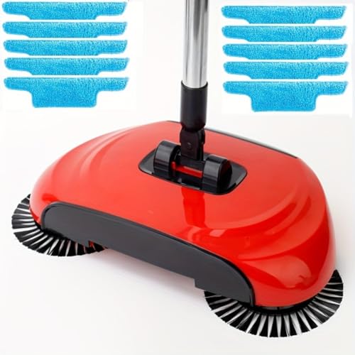 Manual Sweeper, Carpet Sweeper, Mini Hand Push Sweeper 3 in 1 Household Cleaning Lazy Dustpan Trash Bin 360° Rotating Floor Cleaning Mop for Hardwood Ceramic Tiles, with 10 Cloth (Bright Red) - color: Bright Red