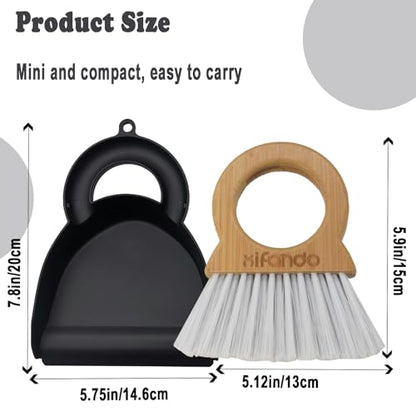 Mini Broom and Dustpan for Housekeeping-Bamboo Handle Small Broom and Dustpan Set Combination Mini Desktop Sweep, Keyboard Cleaning Brush with Shovel Brush,Round Bamboo Handle