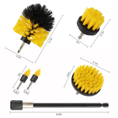6Pcs Drill Brush Cleaning Kit with Extendable Rod, Yellow Power Scrubber Attachments for Shower, Tub, Tile, Grout, Kitchen and Car (Yellow-6pcs) - color: Yellow-6pcs