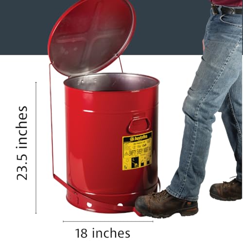 Justrite 21 Gallon Galvanized Steel Oily Waste Can, 23.5" x 18" Metal Oil Rag Safety Can with Foot Operated Self-Closing Lid for Oil Rag Disposal, Made in The USA, Red, 09700 - color: Red, size: 21 Gallon, style: Foot-Operated Lid