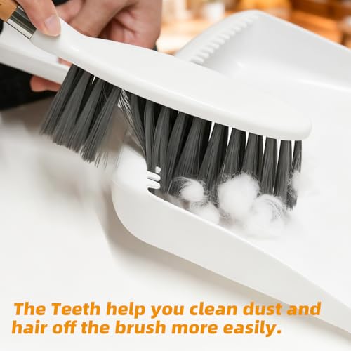 Small Broom and Dustpan Set, Multipurpose Dustpan and Brush Set with Wood Handle Teeth,13 x 8.7 inch, Hangable Portable Cleaning for Kitchen, Desktops, Bedroom, Pet Care, Camping, White,1 Set