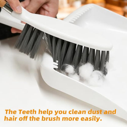 Small Broom and Dustpan Set, Multipurpose Dustpan and Brush Set with Wood Handle Teeth,13 x 8.7 inch, Hangable Portable Cleaning for Kitchen, Desktops, Bedroom, Pet Care, Camping, White,1 Set