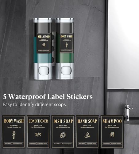 Luxspire Shampoo and Conditioner Dispenser, No Drill Wall Mounted Shower Soap Dispenser 2 Chamber with Waterproof Labels, Easy Refill Soap Dispenser for Bathroom Hotel Kitchen, Silver - color: Silver, size: 2 Chamber