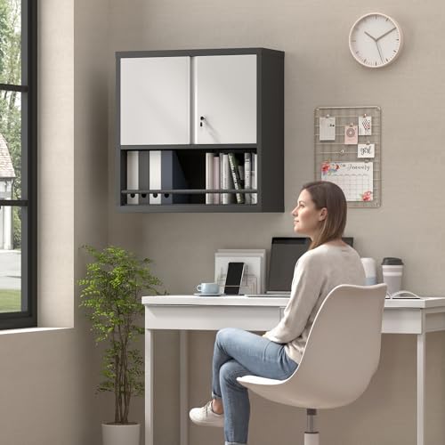 Locking Cabinet, Black Wall Storage Cabinet with Shelves, Hanging Cabinets with Open Storage, Small Wall Cabinet, Lockable Tool Cabinet for Basement, School, Office - color: 31"h-hanging Cabinet / Black