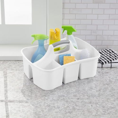 Large Divided Ultra Cleaning Caddy, White Plastic Under Sink Organizer with 4 Compartments, Curved Easy Carry Handle for Household Cleaning Supplies Storage