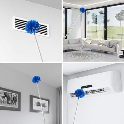 Cobweb Duster with Extension Pole, 30-100 Inch Long Handle Stainless Steel Telescoping Pole, Washable Duster with Medium-Stiff Bristles for Ceiling Fan, High Ceilings, Blinds, Furniture, Kitchen, Home