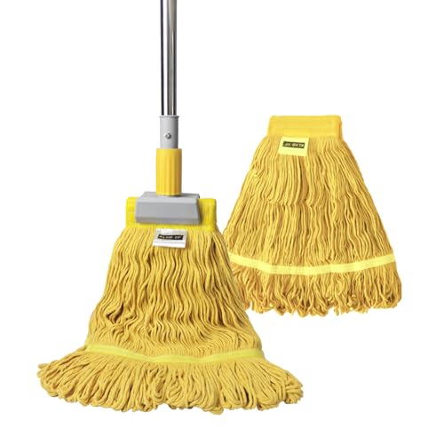 Heavy Duty Commercial Mop | 55.7" Stainless Steel Handle & 2 x 20.5 oz Looped-End Cotton Heads | Wet Mop for Home Garage Office Warehouse Floor Cleaning - color: Yellow, size: mop with two heads