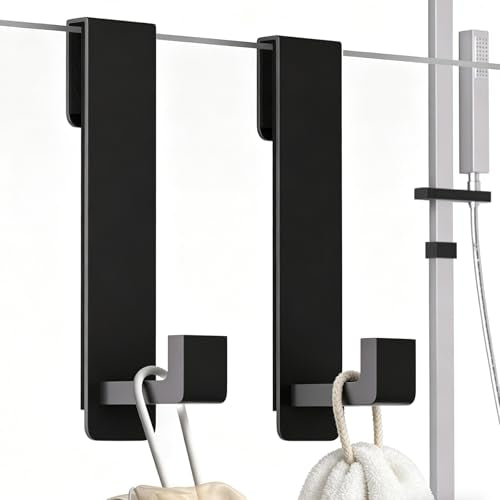 PMMASTO Shower Door Hooks, 7.5 Inch Extended Stainless Steel Heavy Duty Towel Hooks for Bathroom Frameless Glass Shower Door, L Shape Hooks for Hanger Robe, Towel, Black, 2 Pack - color: Black ''L'' Shape 2 Pack, size: 7.5 Inch, Fits 3/8" Thick Door