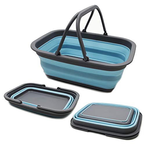 SAMMART SAMMART 9.2L (2.37Gallon) Collapsible Tub with Handle - Portable Outdoor Picnic Basket/Crater - Foldable Shopping Bag - Space Saving Storage Container (1, Grey/See Angel) - color: Grey/See Angel