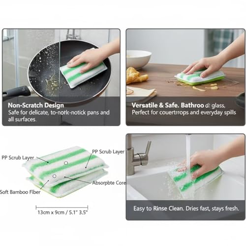 Scrub Sponges for Dishes, Non-Scratch Scrubbing Sponges for Kitchen - Dual-Sided Scouring Pads for Heavy Duty Cleaning - Sustainable Cellulose & Durable Fiber (6Pack)