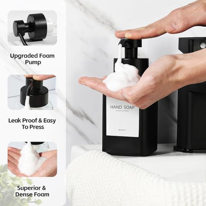 Black Foaming Hand Soap Dispenser, 12oz/350ml Glass Square Foam Soap Dispenser Set, 2Pcs Foaming Soap Dispenser with Foaming Pump, Refillable Soap Foam Dispenser for Bathroom, Kitchen - color: Black