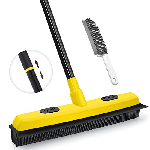 Rubber Broom with Squeegee, Carpet Rake for Pet Hair Removal 54 Inches Long Handle, Fur Remover, Portable Detailing Lint Brush for Fluff Carpet, Window, Tile, Hardwood Floor