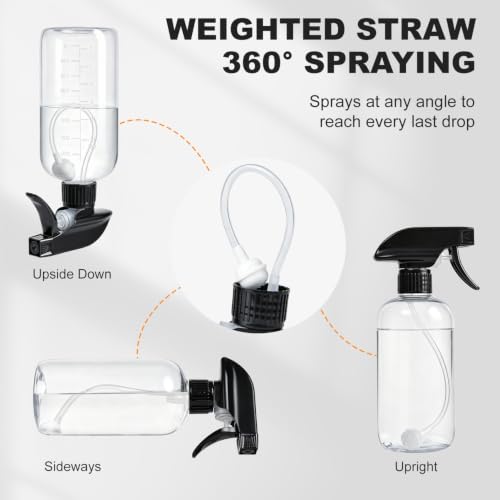 Spray Bottles 16oz 2 pack — 360° Any-Angle Spraying, Mist & Stream Plastic Empty Water Sprayer, with Measurements & Weighted Straw, Leak-Resistant for Cleaning Solutions, Planting, Hair + Funnel - style: 16oz, 2 pack