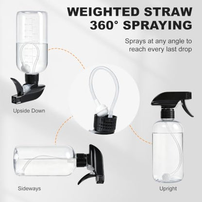 Spray Bottles 16oz 2 pack — 360° Any-Angle Spraying, Mist & Stream Plastic Empty Water Sprayer, with Measurements & Weighted Straw, Leak-Resistant for Cleaning Solutions, Planting, Hair + Funnel - style: 16oz, 2 pack