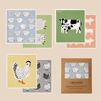 RECYCO Swedish Dishcloths for Kitchen | 6 Pack Farmhouse Friends Washable Dish Rags | Cellulose Reusable Cleaning Paper Towels | Absorbent Counter Dish Cloth Sponge Kitchen Wipes, 8" L x 7" W - color: Farmhouse Friends - 6 Pack