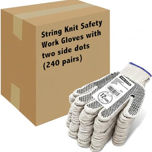 Evridwear Cotton Polyester String Knit Shell Safety Protection Work Gloves for Painter Mechanic Industrial Warehouse Gardening Construction Men One Case (12 PairsX20) With Two Side dots, L Size - color: Two Side Dots - 240 Pairs, size: Large
