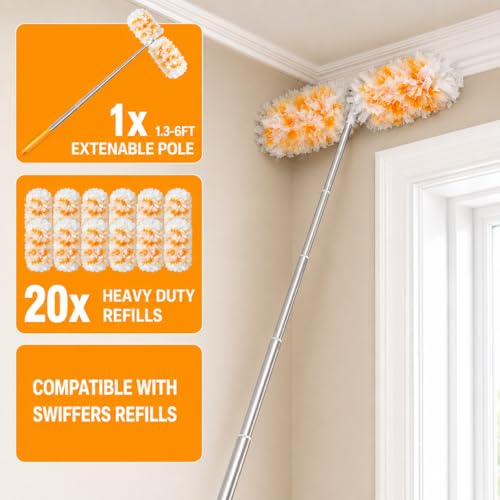 Gelibo 6ft Extendable Duster Handle with 20 Refills,Compatible with Swiffer,360°Rotating Ceiling Fan Dusters with Lock,Heavy Duty Microfiber Dusting Pads for Home Cleaning,Blinds,Hard-to-Reach Areas - style: 6ft Extendable Duster Handle with 20 Refills