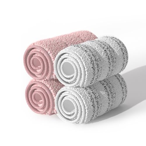 JOYMOOP Microfiber Replacement Pads for 13" Flat Mop System, Reusable Mop Refills, 4-Pack, Stripe and Pink - color: 4 Pcs - 2 Stripe + 2 Pink, size: 13.0 × 4.9 Inch