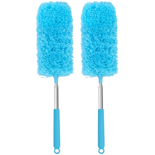 Mini Microfiber Duster for Cleaning, Hand Duster with Extension Pole, Washable Small Duster for Car Interior, Office, Furniture - color: Blue