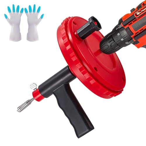 20FT Drain Auger Plumbing Snake Drain Hair Clog Removal Tool drain snake clog removal hair removel | Use Manually or Powered for Bathtub Drain, Bathroom Sink, Kitchen Cleaning with Gloves(20ft/6M-Red) - color: Drain Auger-Red, style: 20ft/6M Stainless Ste