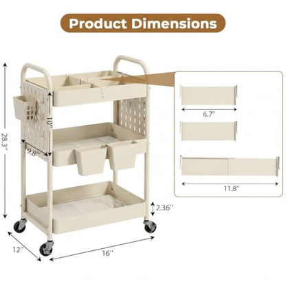 danpinera 3 Tier Rolling Cart with Retractable Dividers, Multi-Functional White Rolling Utility Cart with Pegboards, Hooks & Hanging Cups for Nursery, Living Room, Studio - color: Beige, size: with Dividers