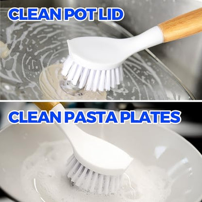 Holikme 3 Pack Dish Brush Set with Bamboo Handle, Kitchen Cleaner for Cleaning Pasta Plate, Salad Bowl, Scrubber with Soft Bristles, White - color: White
