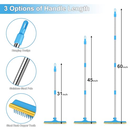 mupapi Carpet Rake for Pet Hair Removal, Reusable Pet Hair Remover Broom, 60'' Adjustable Long Handle Dog and Cat Hair Remover Tool Set of 3, Lint Remover Scraper for Carpets, Rugs, Mats, Couch, Car