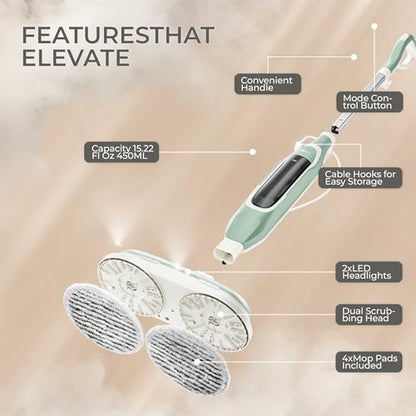 2-in-1 Steam Mop Scrubber, High-Temperature Sterilization, Dual Power Modes, LED Headlights, For Hardwood, Tile, Marble, Laminate, Vinyl, Kitchen, Bathroom, Living Room, Household Steam Cleaner