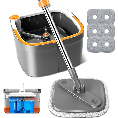 Spin Mop and Bucket Set with Self Separation Dirty and Clean Water System Self Wringing 360° Rotating Clean Mop-Head for Hardwood Tile Marble Floors with 6pads