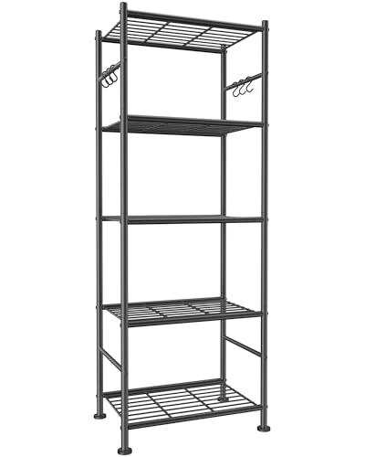 Sakugi Storage Shelves - 5-Tier Large Capacity Shelf Organizer with Hooks, Heavy-Duty Garage Shelving with Leveling Feet, Wobble-Free Rack for Bedroom, Balcony, Garage, 18.1"×12.4"×56.8", Black - color: Black, size: 18.1W×12.4D×56.8H(5T)
