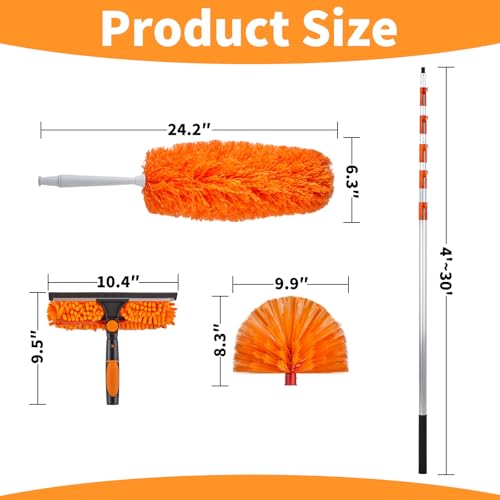 4-30 Ft Window Squeegee Cleaning Kit, Window Washing Kit with Extension Pole, 2-in-1 Window Cleaner Tool with Long Handle Scrubber for Outdoor Indoor Use (Microfiber Feather Duster & Cobweb Duster)