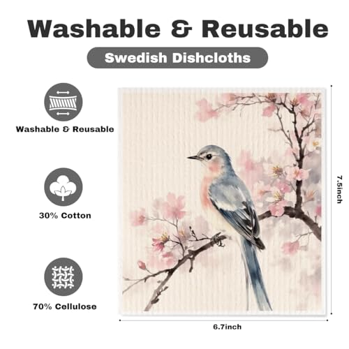 5 Pcs Watercolor Bird & Flower Swedish Dishcloths, Bird Themed Swedish Dishcloth, Artistic Dish Cloths for Drying Dishes, Reusable Cleaning Cloths, Housewarming Gifts for Women - color: Lm 04243
